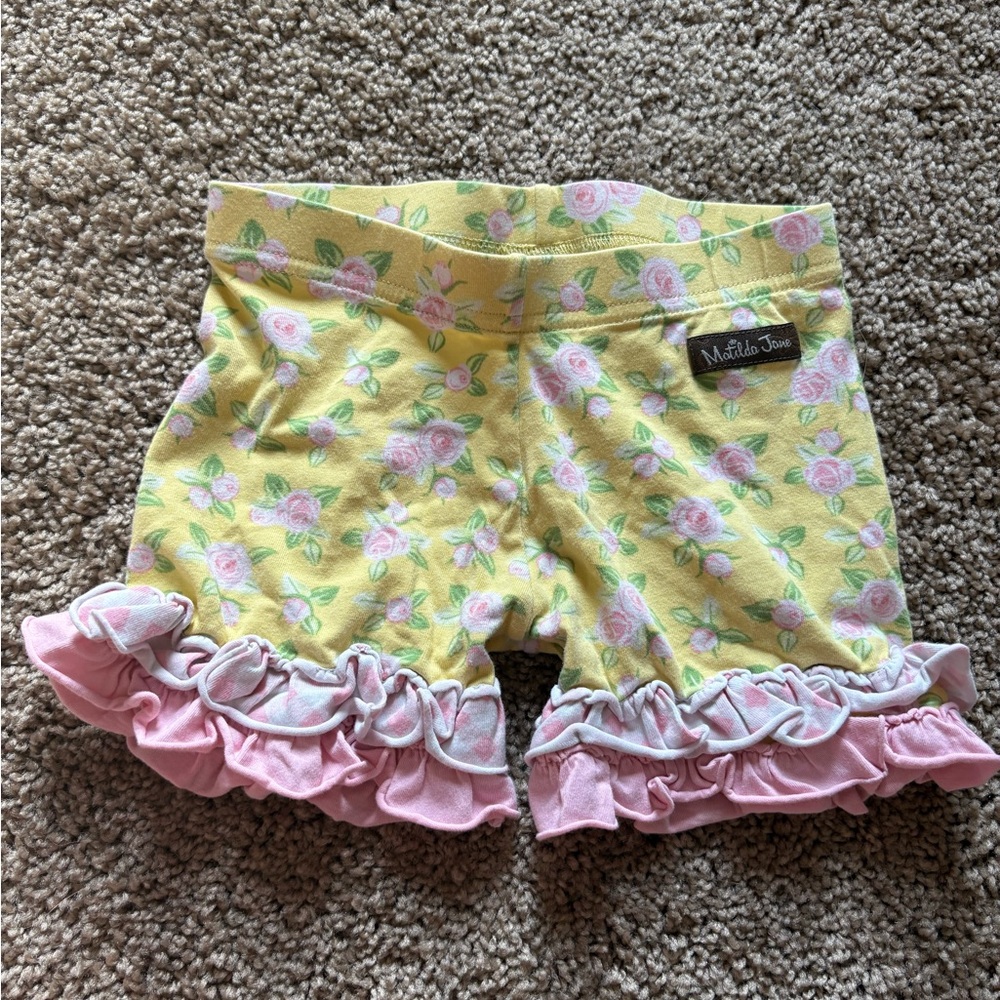 Matilda Jane Yellow Shorts with Pink Floral Ruffles